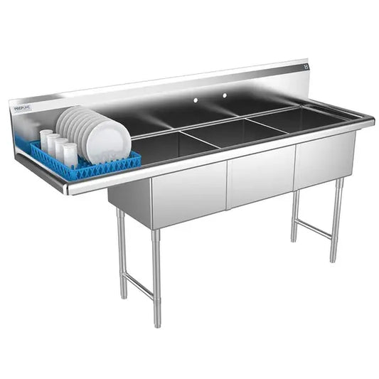 Prepline XS3C-1818-L 18 x 18 Inches Stainless Steel Three-Compartment Splash Mount Utility Sink with Left Drainboard