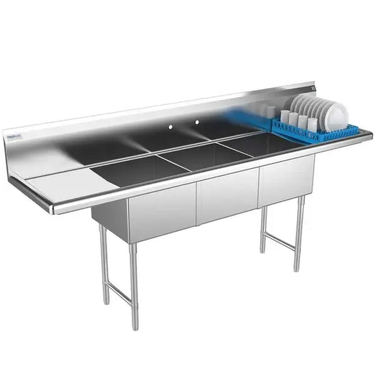 Prepline XS3C-1818-LR 18 x 18 Inches Stainless Steel Three-Compartment Splash Mount Utility Sink with Left and Right Drainboards