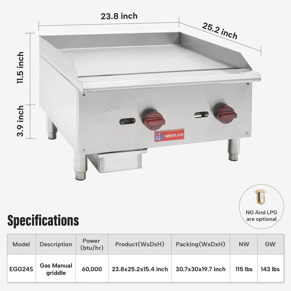 West Lake EGG24S Gas Griddle 23.8" 60,000 Btu