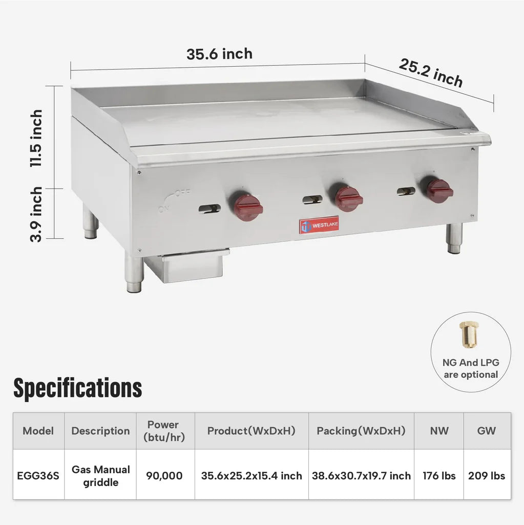 West Lake EGG36S Gas Griddle 35.6" 90,000 Btu