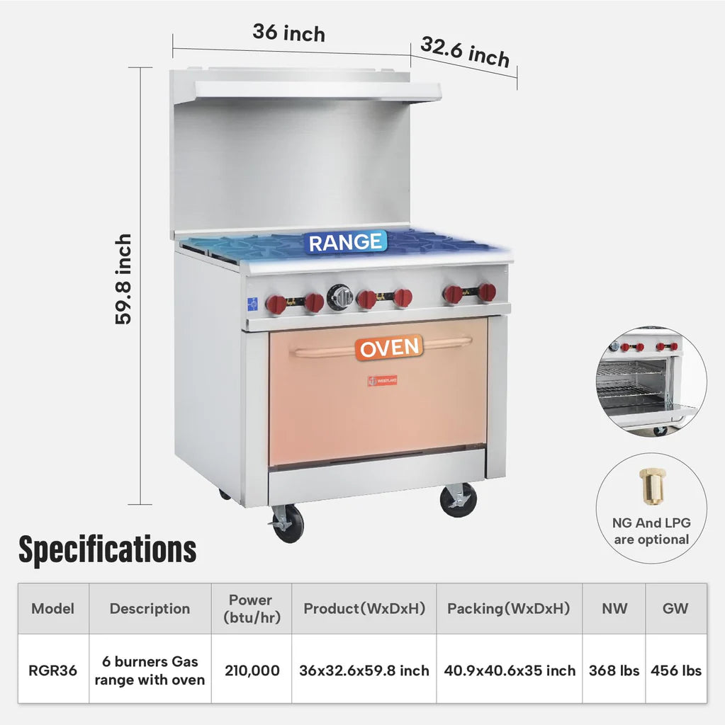 West Lake RGR36 Gas Range With Oven 36" 30,000 Btu Oven 31,000 Btu Burners