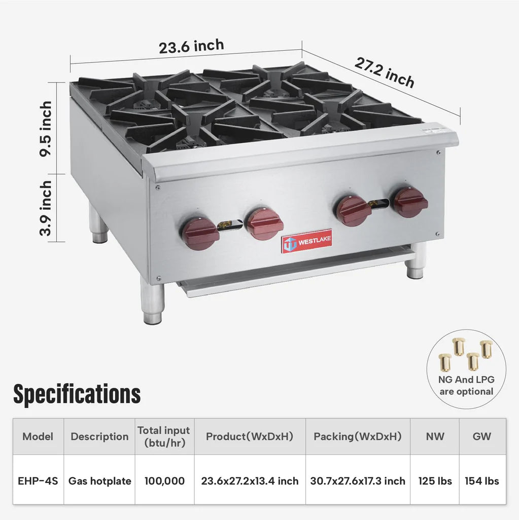West Lake EHP-4S Gas Countertop Hotplate 23.6" 100,000 Btu 4-Burner