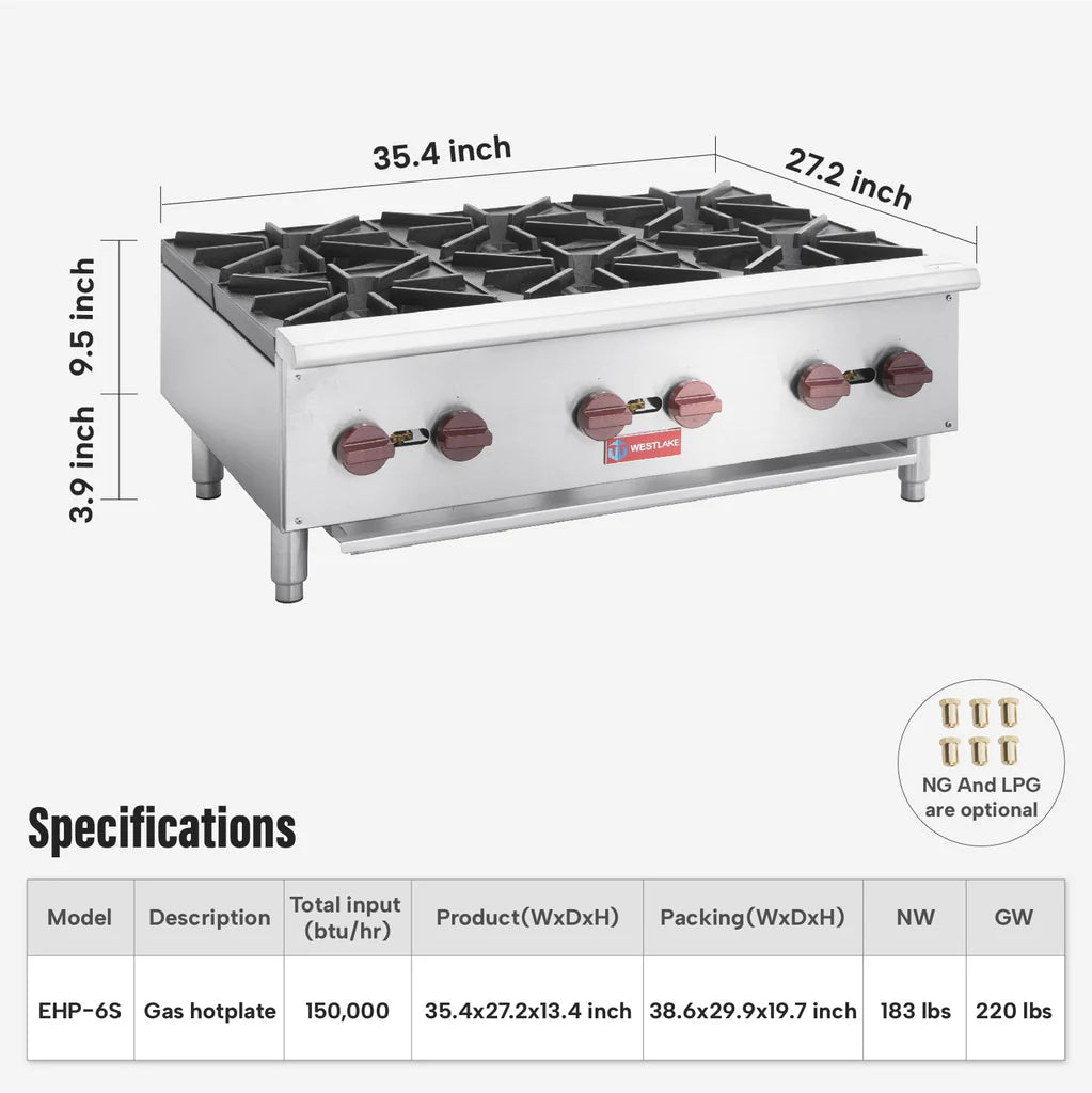 West Lake EHP-6S Gas Countertop Hotplate 35.4" 150,000 Btu 6-Burner